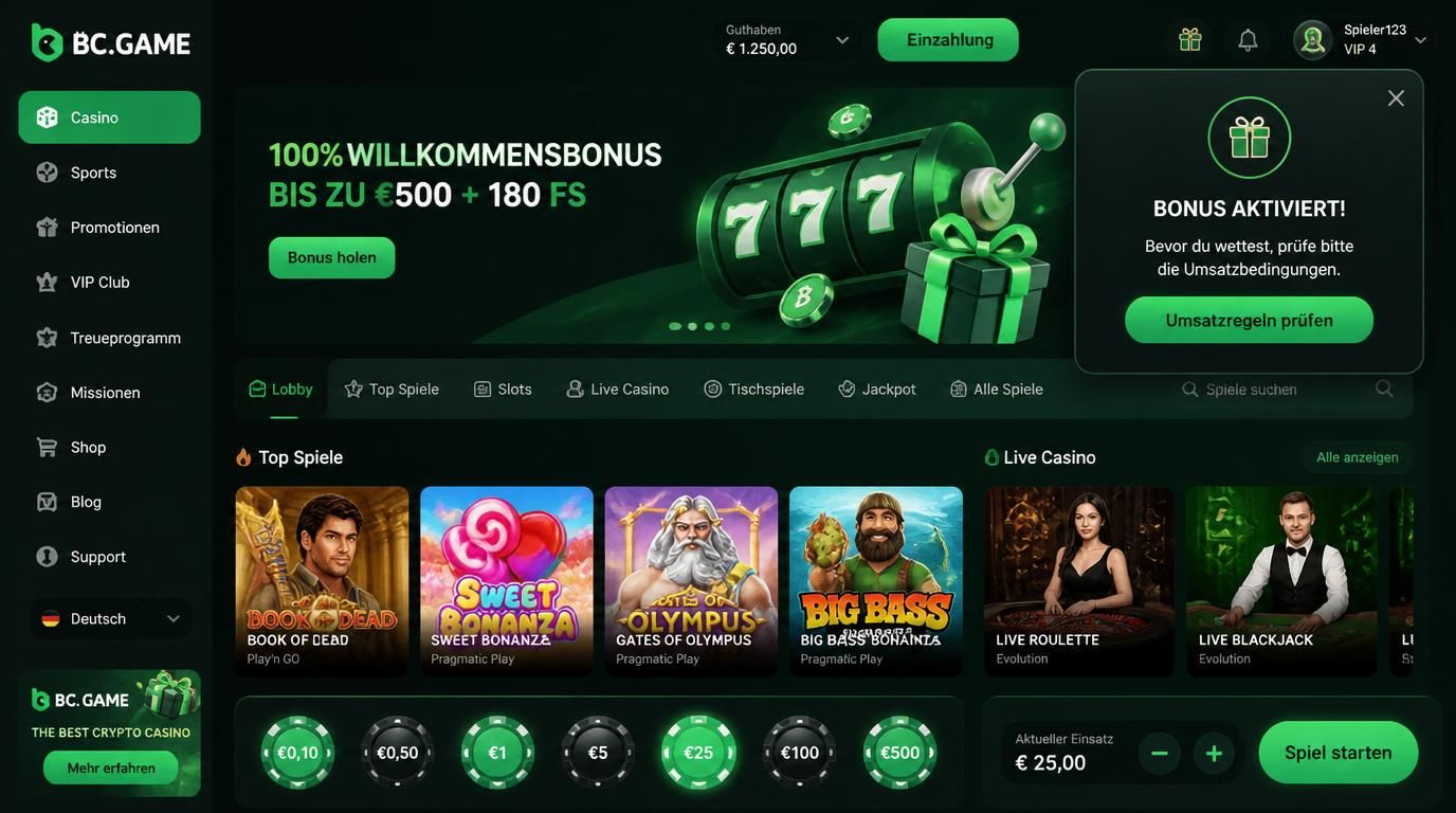Ein Interface zeigt Bonusdialog mit „Umsatzregeln prüfen“ und Live-/Slotsymbole in Euro