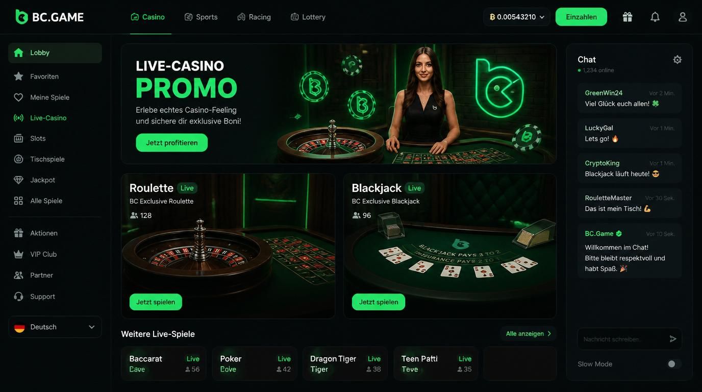 Roulette- und Blackjack-Tisch mit Promo-Banner und Chat in Wohnzimmer-Ambiente