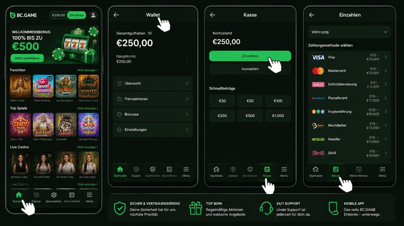 Startseite der App mit Wallet und Einzahlung