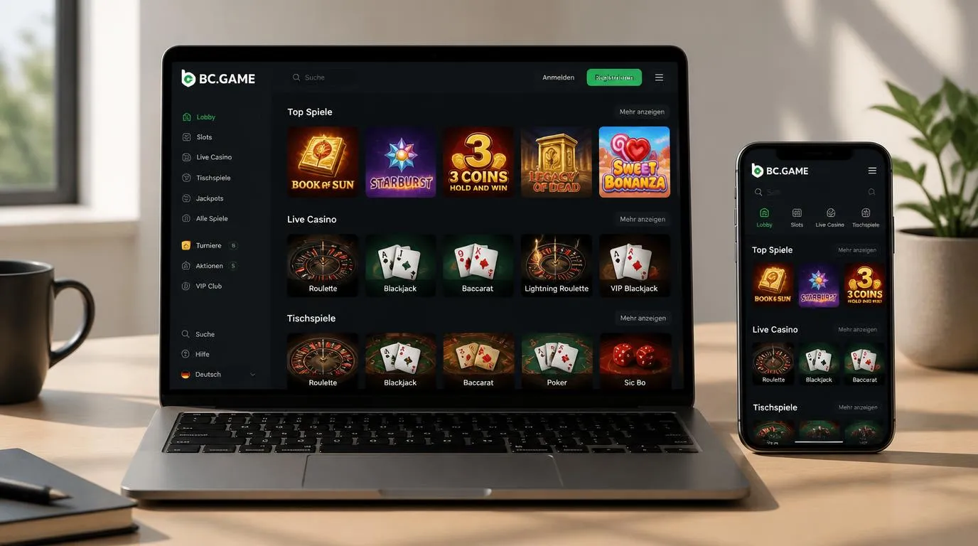 Laptop und Smartphone mit übersichtlicher Auswahl an Slots und Tischspielen im Browser