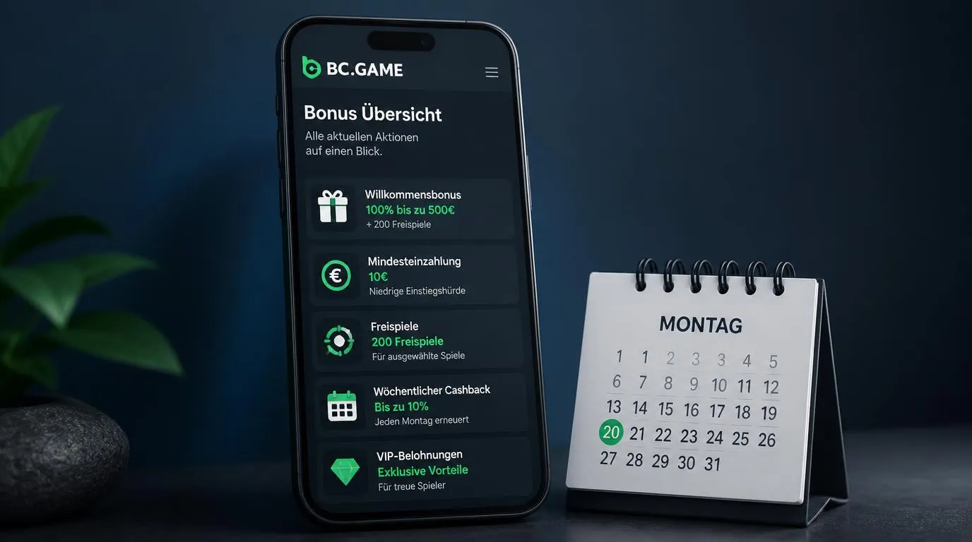 Smartphone mit Bonusübersicht neben Symbolen für Einzahlung, Freispiele und wöchentliches Cashback