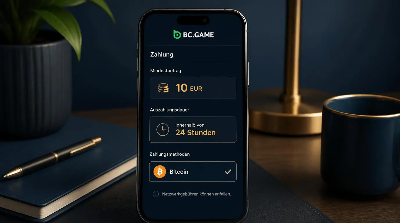 Smartphone mit 10-EUR-Einzahlung, Auszahlungsfrist von 24 Stunden und Bitcoin-Zahlungsoption