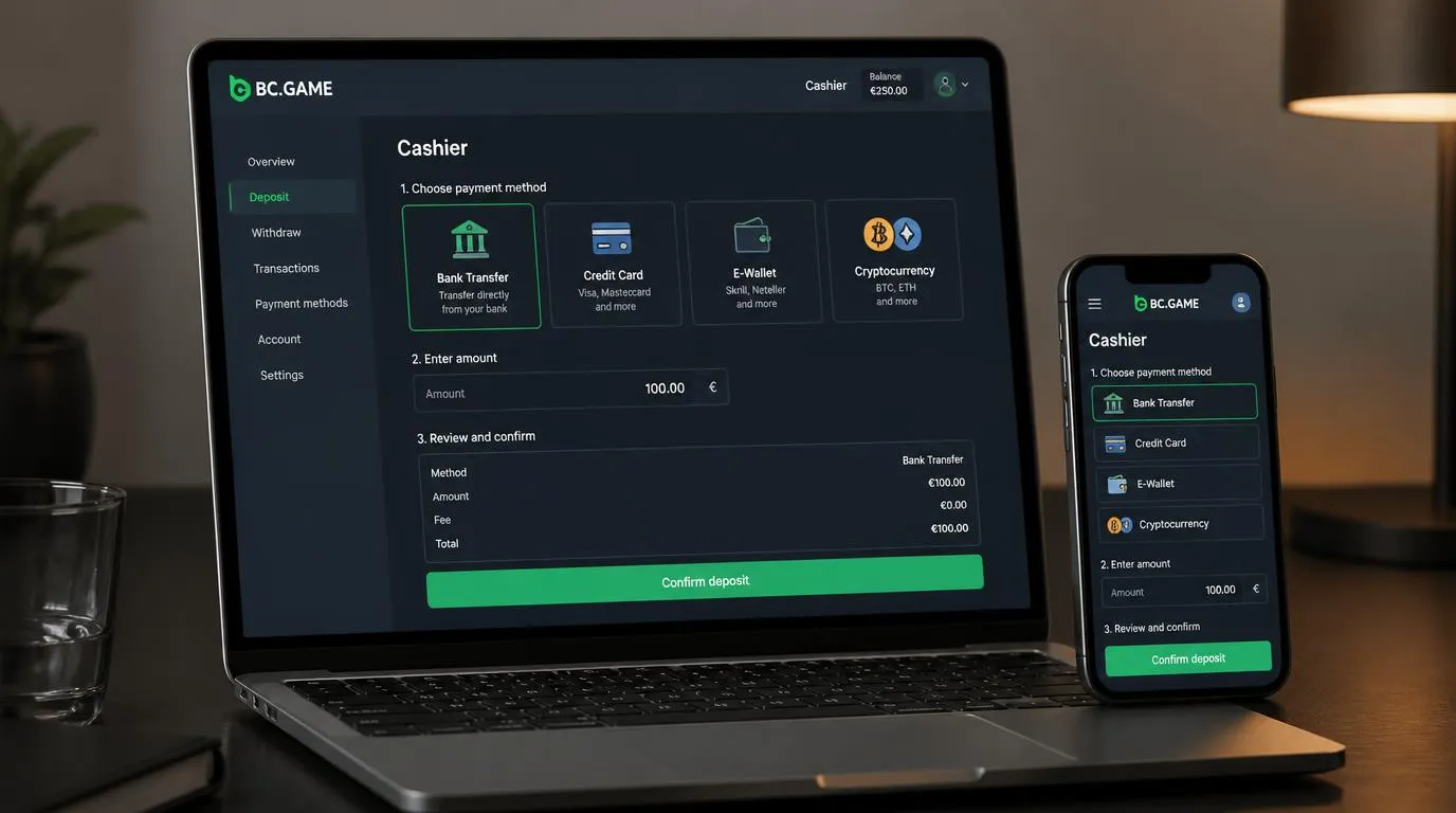 Übersicht einer Casino-Kasse mit Karten, E-Wallets, Bankzahlung und Kryptowährungen