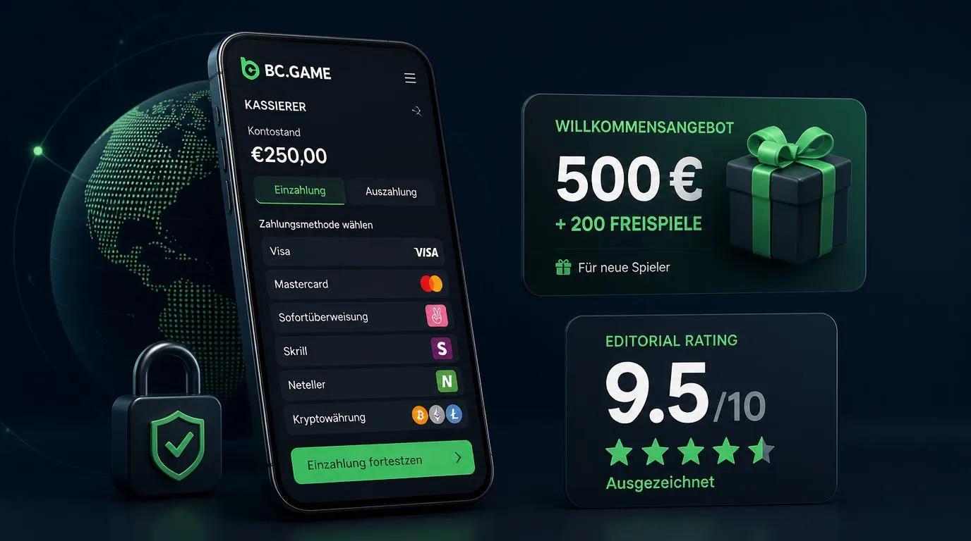 Smartphone mit Casino-Kasse, Bonuskarte und Bewertung neben einem Symbol für internationale Lizenzierung