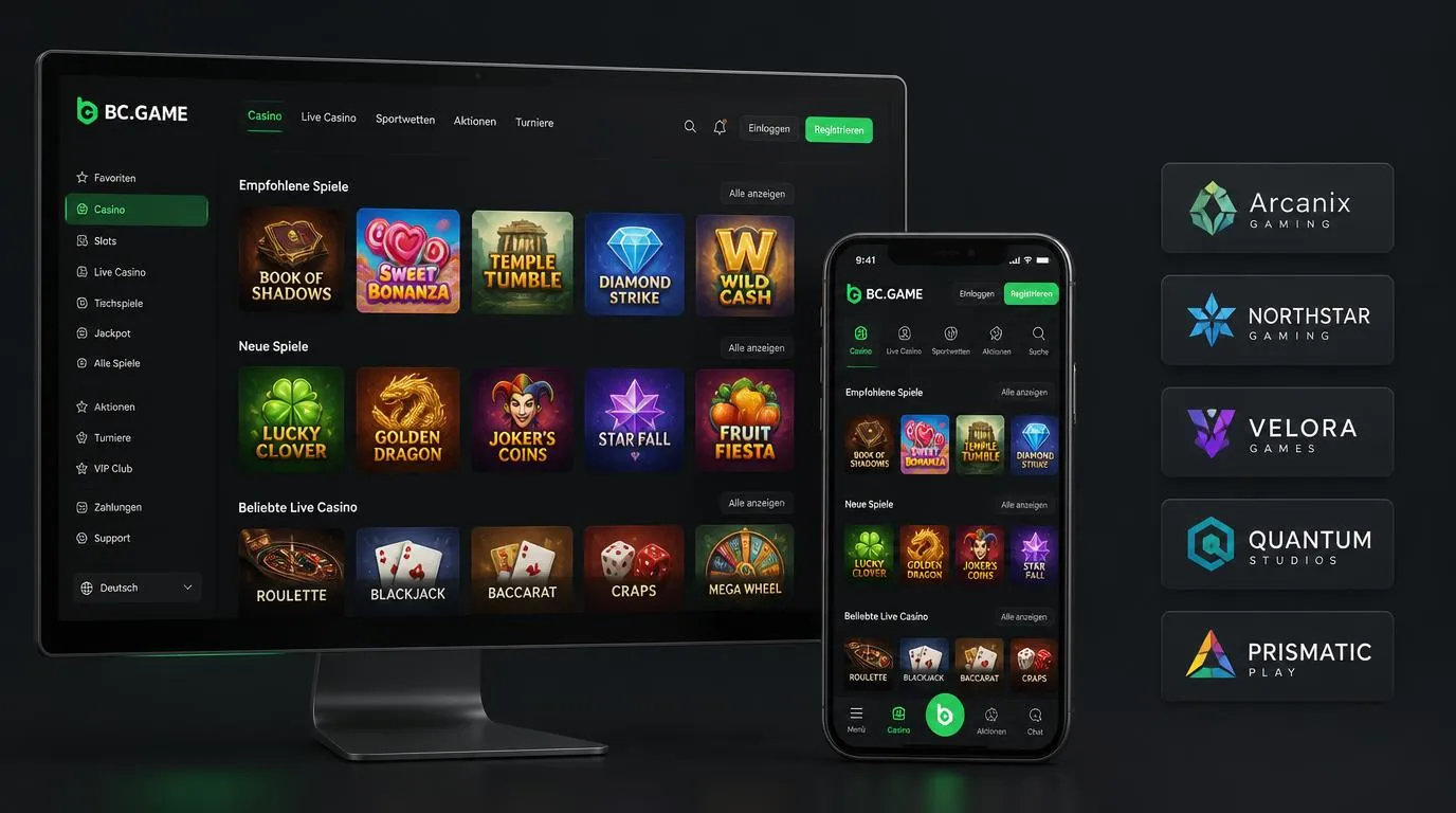 Konzeptionelle Casino-Oberfläche auf Smartphone und Desktop mit Spielkacheln und klarer Navigation